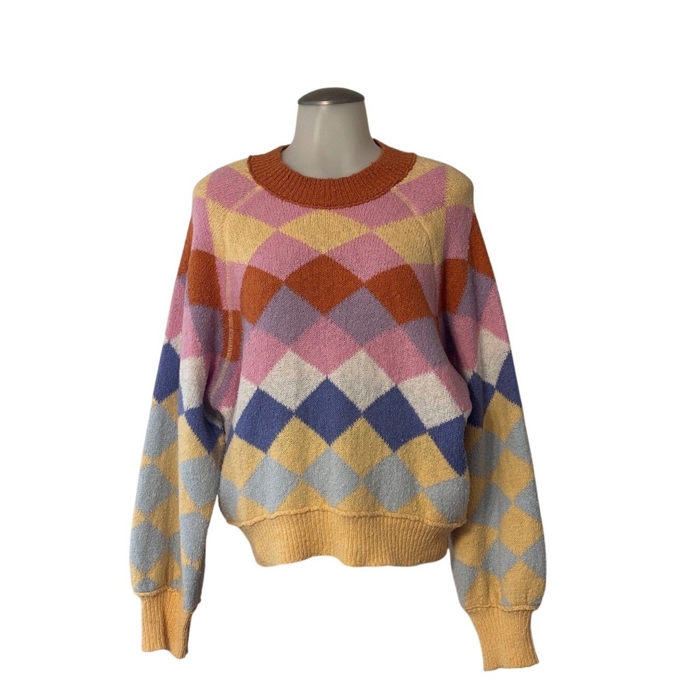 Free People Argyle Riley Pattern Pullover Womens S Multicolor Oversized Knit GUC